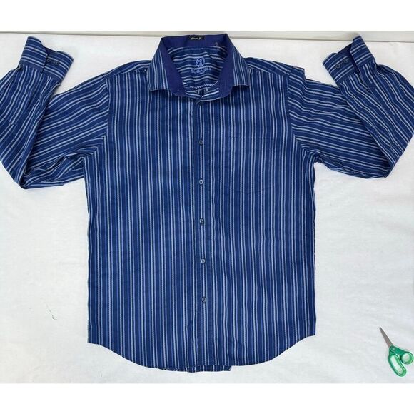 Bugatchi Uomo Dress Shirt Button Down Stripes Blue Twee Men's Large - Picture 1 of 10
